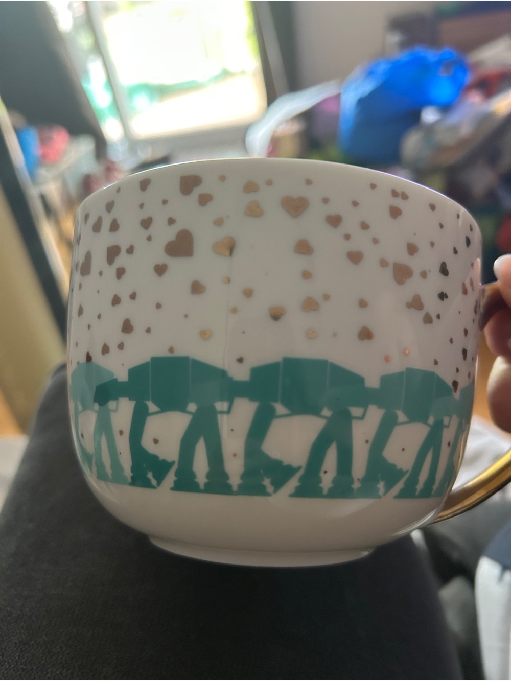 Star Wars White Ceramic Mug with Teal AT-AT Walker Design and Gold Hearts